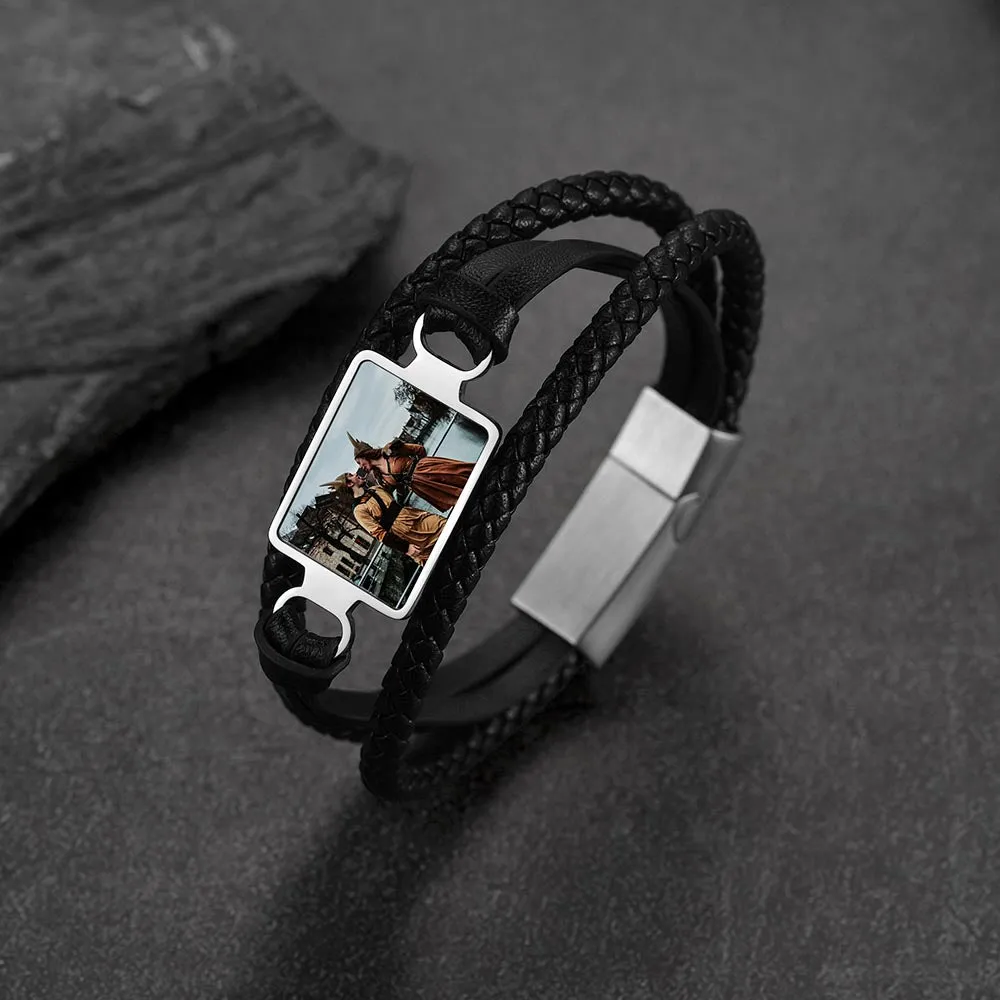 Personalized Picture Black Leather Bracelet Gift for Men