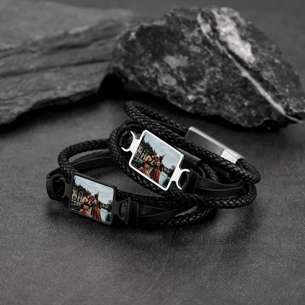 Personalized Picture Black Leather Bracelet Gift for Men