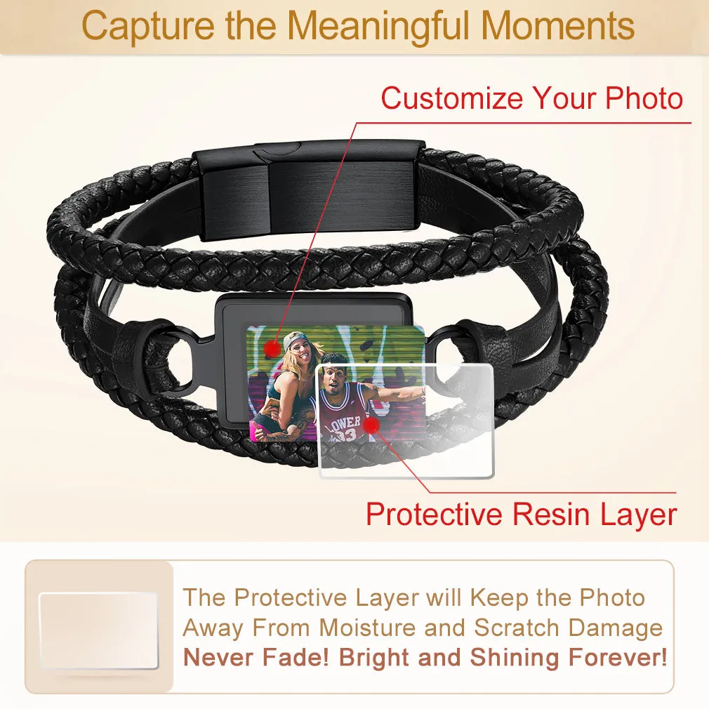 Personalized Picture Black Leather Bracelet Gift for Men