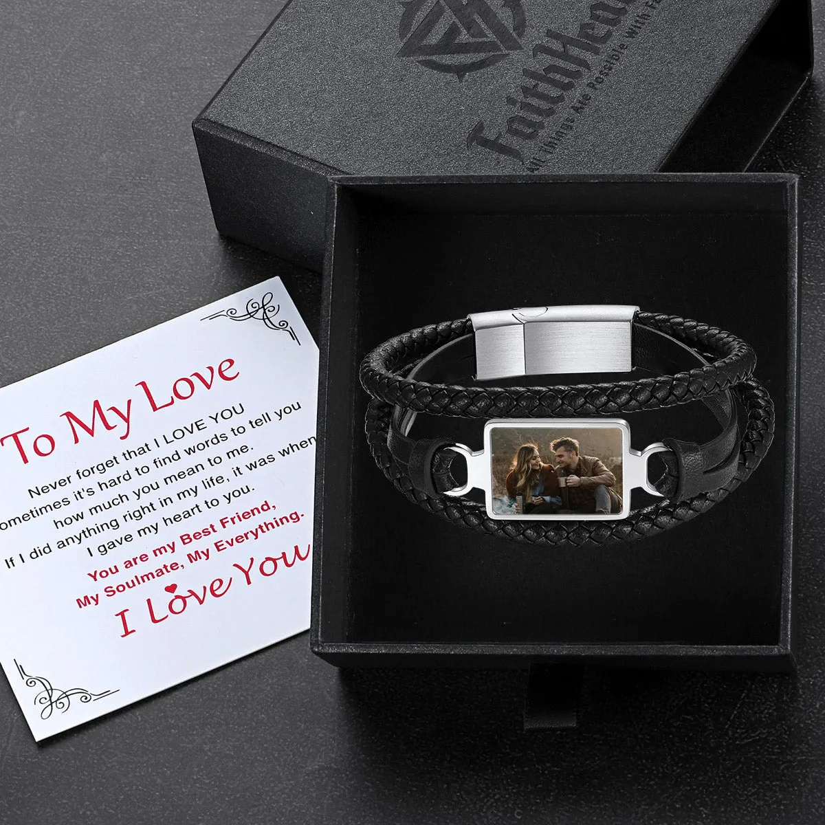 Personalized Picture Black Leather Bracelet Gift for Men