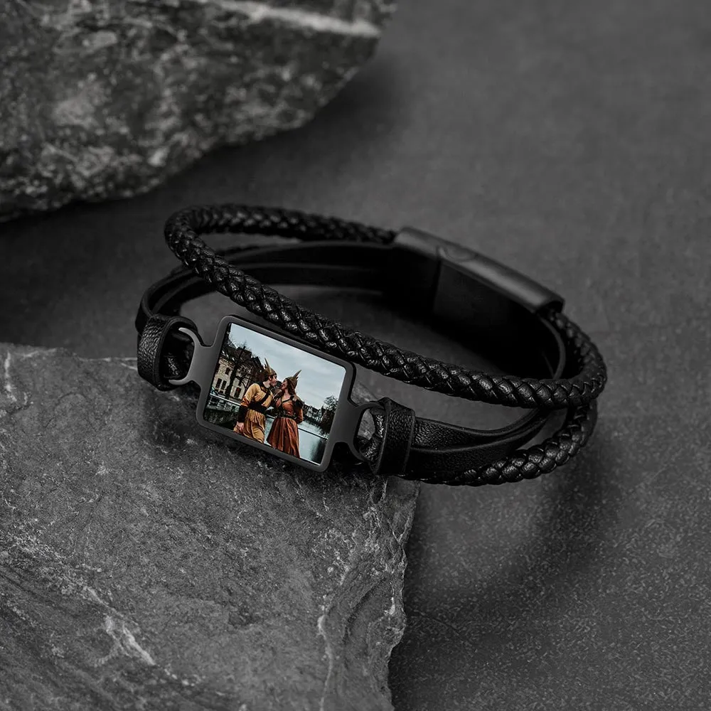 Personalized Picture Black Leather Bracelet Gift for Men