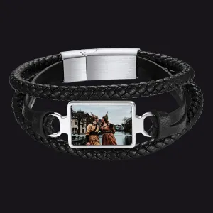 Personalized Picture Black Leather Bracelet Gift for Men