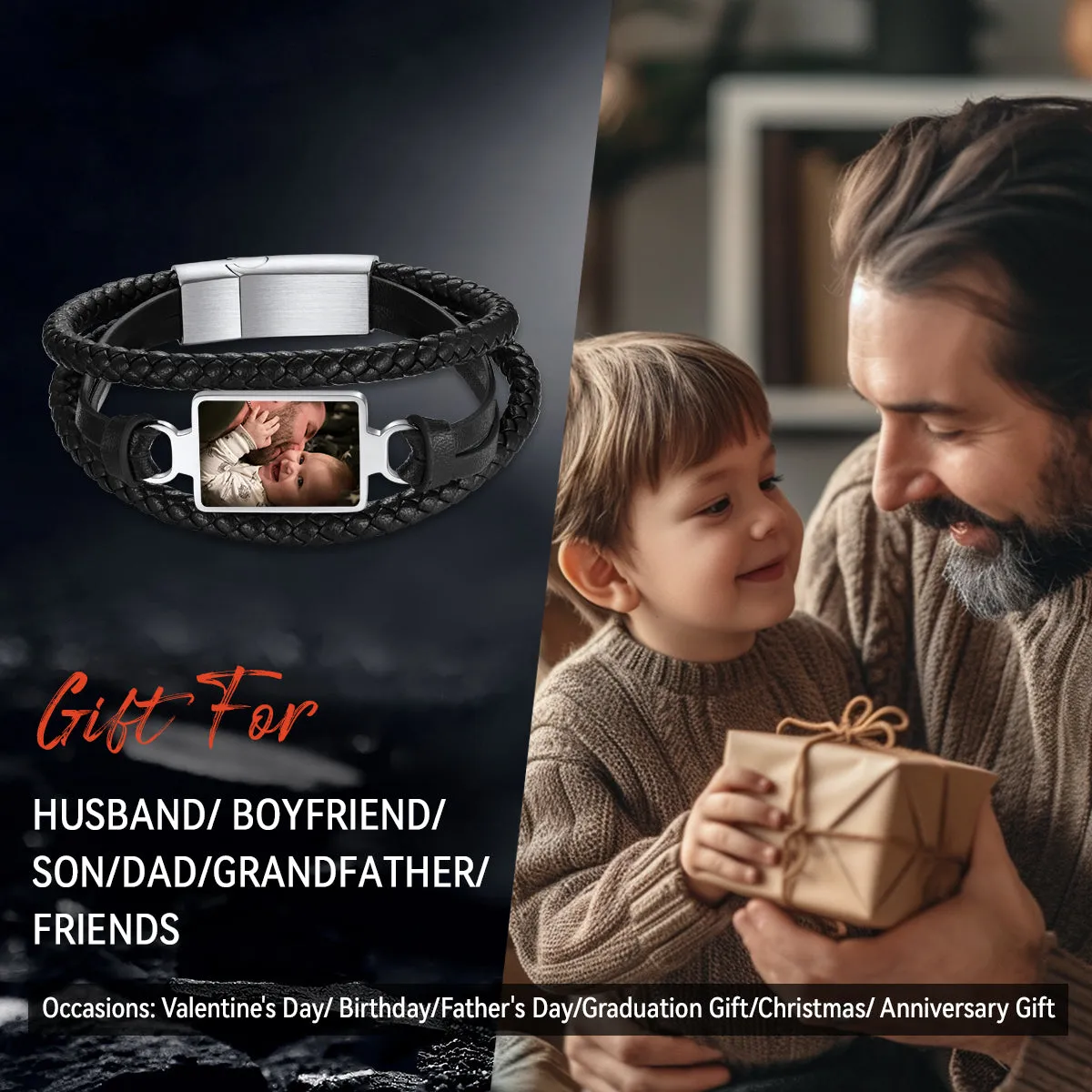 Personalized Picture Black Leather Bracelet Gift for Men