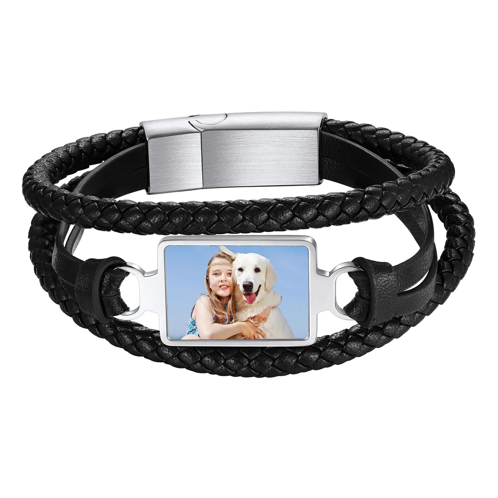 Personalized Picture Black Leather Bracelet Gift for Men