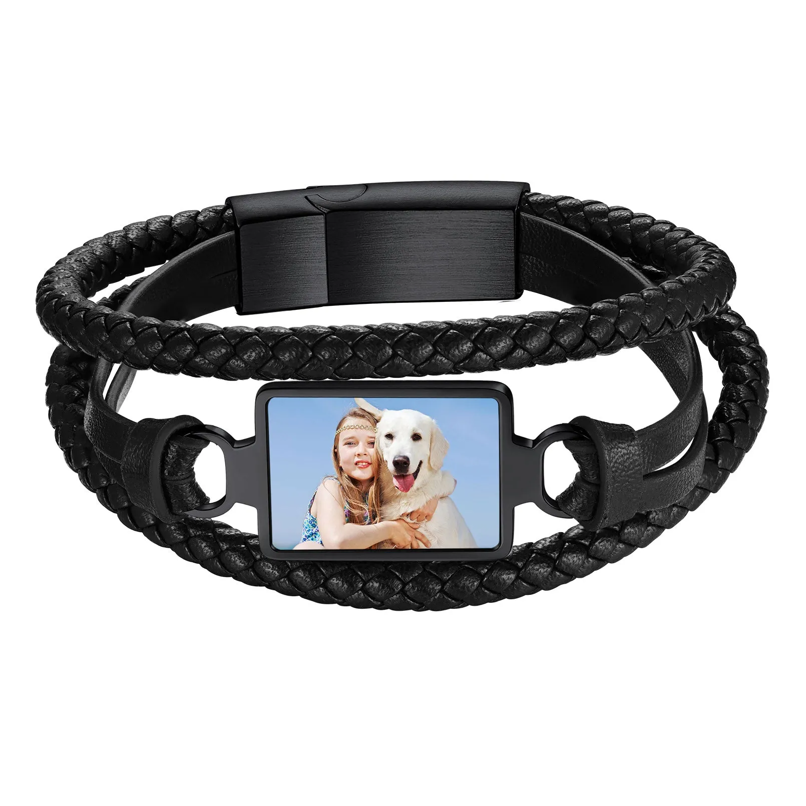 Personalized Picture Black Leather Bracelet Gift for Men