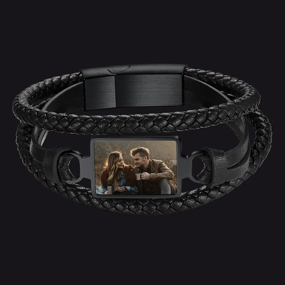 Personalized Picture Black Leather Bracelet Gift for Men