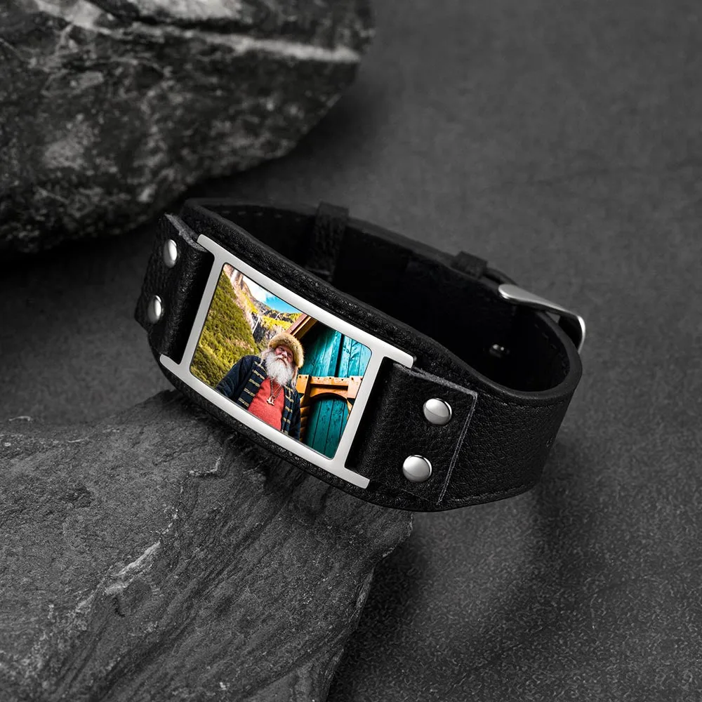 Personalized Picture Leather Bracelet Black Wristband for Men