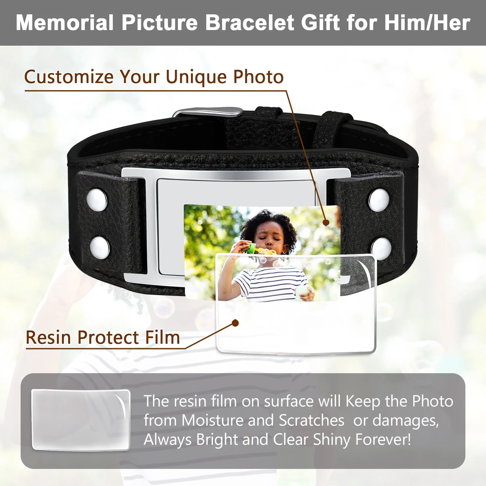 Personalized Picture Leather Bracelet Black Wristband for Men