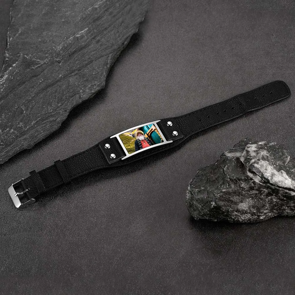 Personalized Picture Leather Bracelet Black Wristband for Men