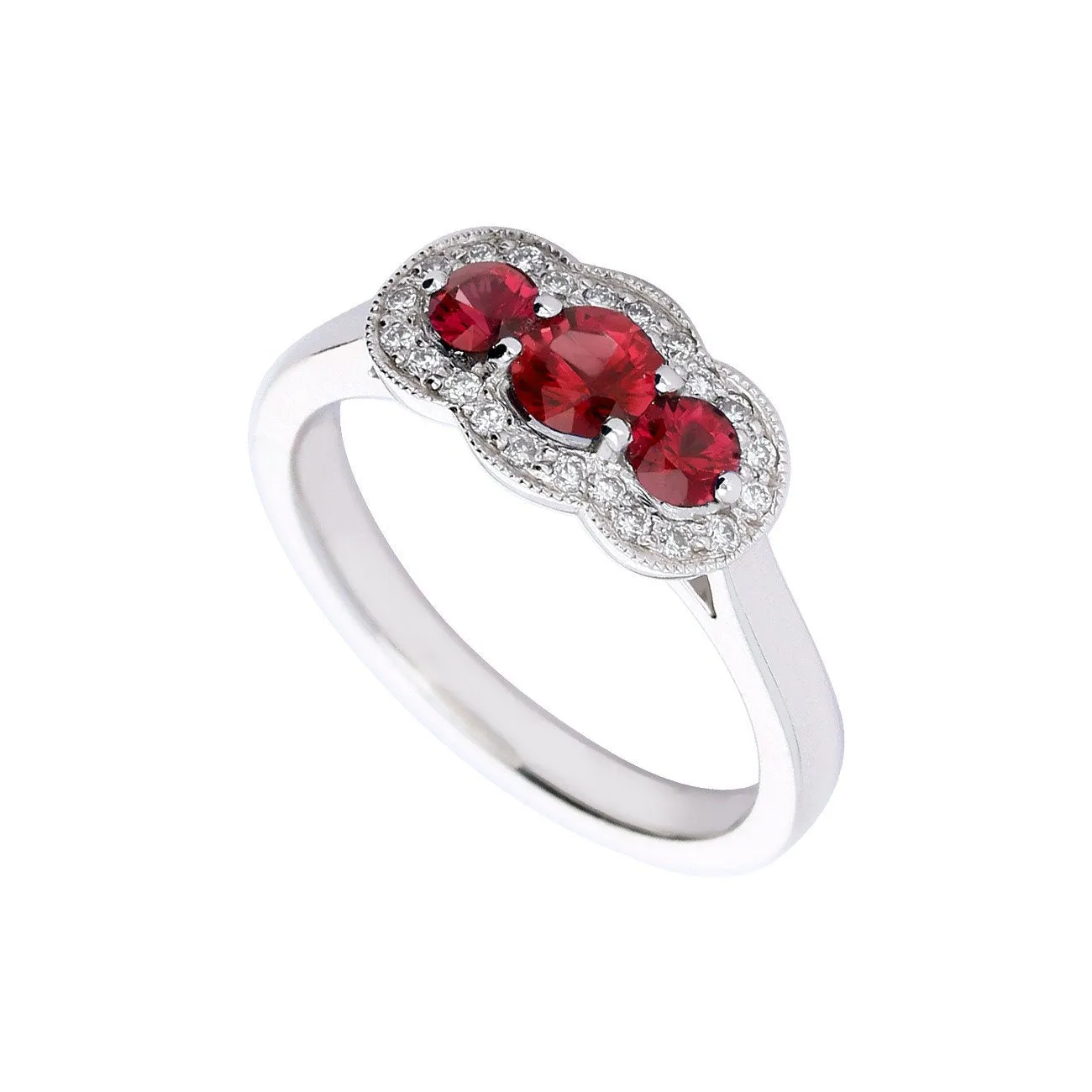 Platinum Ruby and diamond three stone halo ring