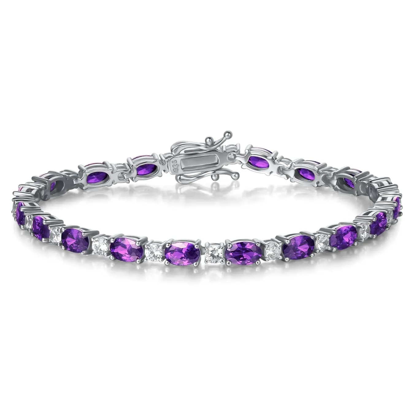 "Glamour Radiance" February Birthstone Fancy Cut Tennis Amethyst Sterling Silver Bracelet