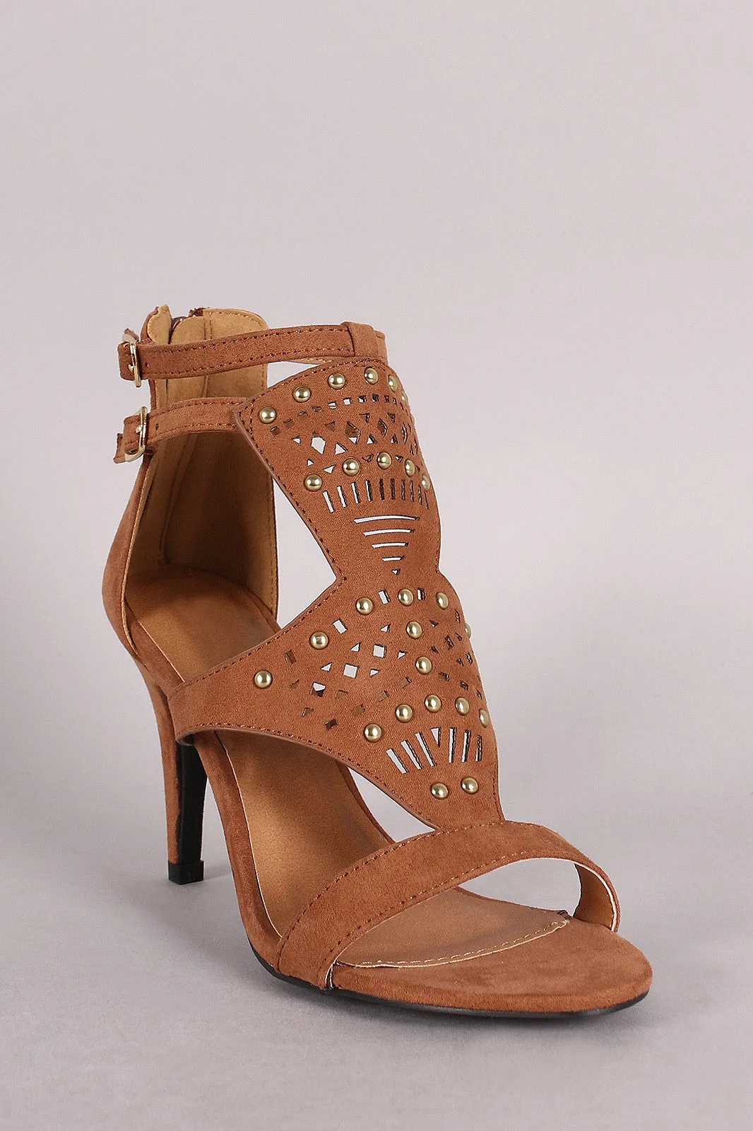 Qupid Suede Perforated And Studded Open Toe Heel