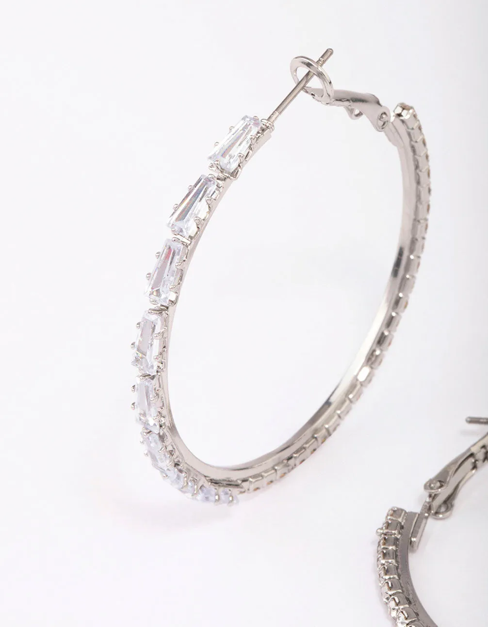 Rhodium Tapered Baguette Hoop Earrings