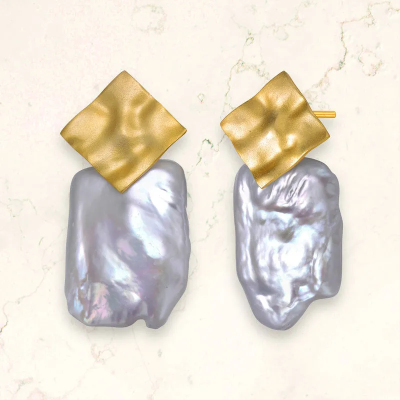 Rochelle Pearl Golden Large Square Earrings