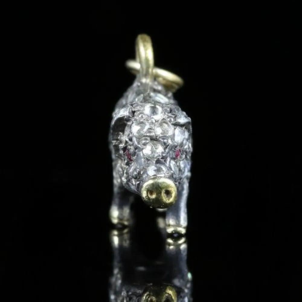 Rose Cut Diamond Pendant Pig Charm 18Ct Gold And Silver