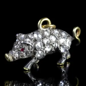 Rose Cut Diamond Pendant Pig Charm 18Ct Gold And Silver