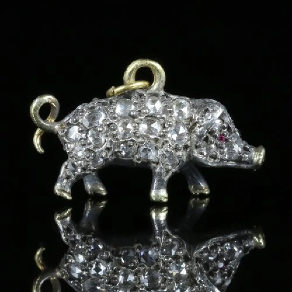 Rose Cut Diamond Pendant Pig Charm 18Ct Gold And Silver