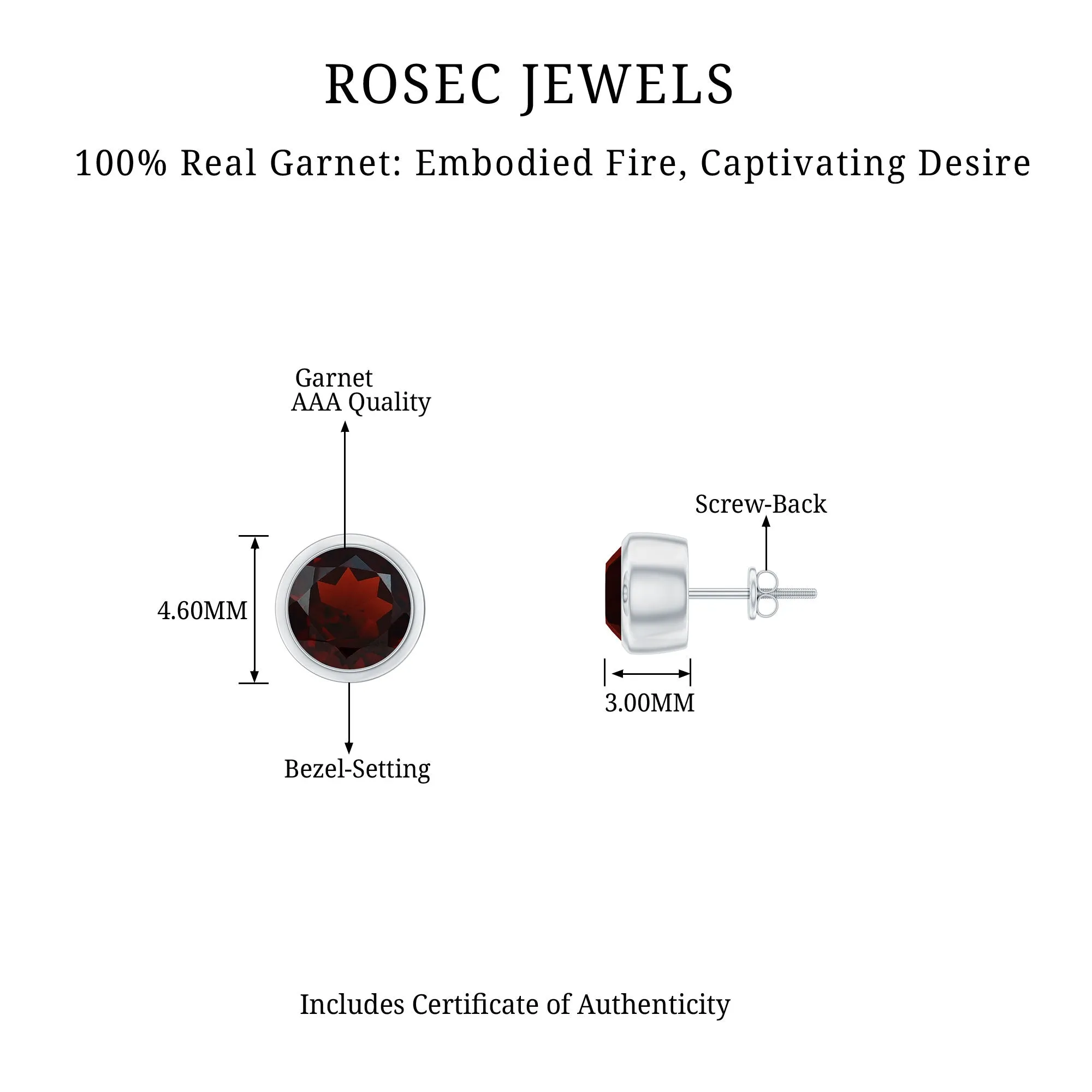 Round Shape Garnet Solitaire Stud Earrings in Bezel Setting