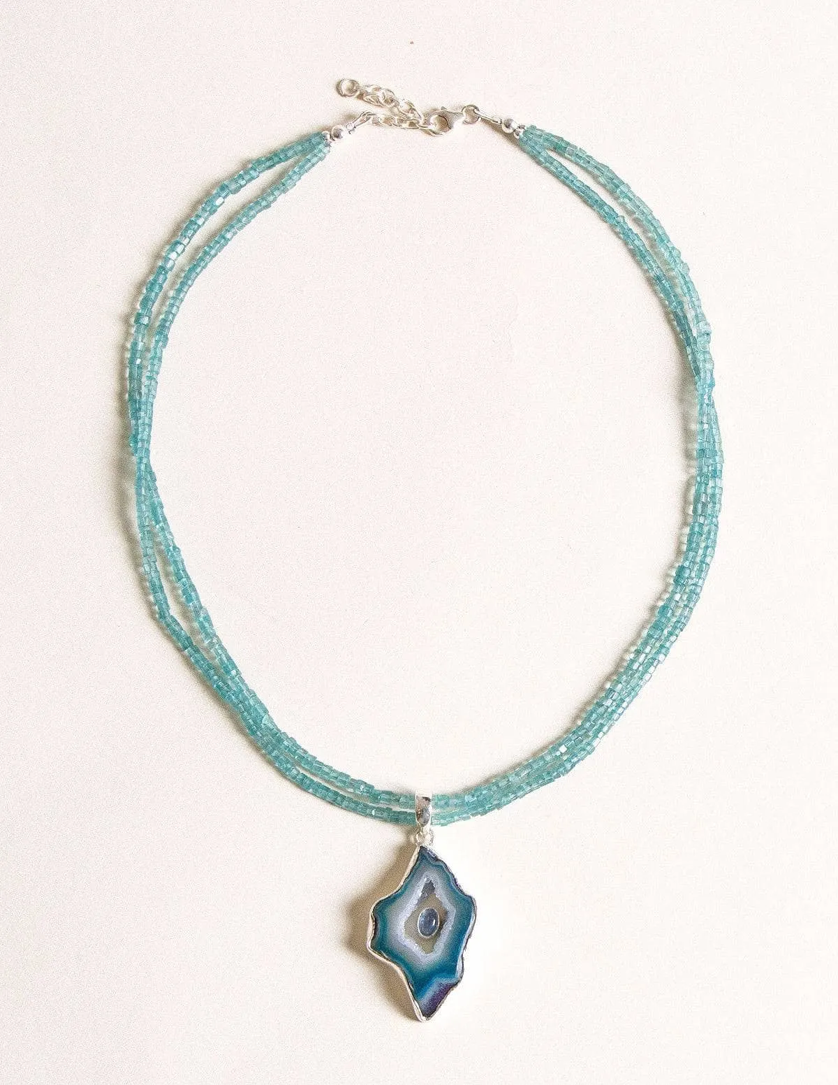 Seafoam Agate Geode on Aquamarine Beaded Necklace - One of a Kind