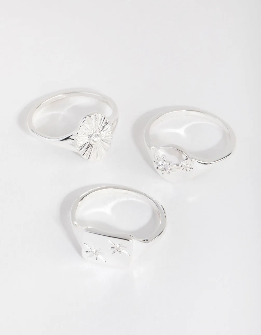 Silver Plated Cubic Zirconia Star Signet Ring Set