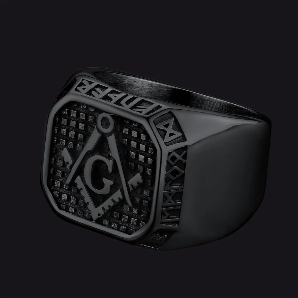 Square Masonic Signet Ring with Runes for Men