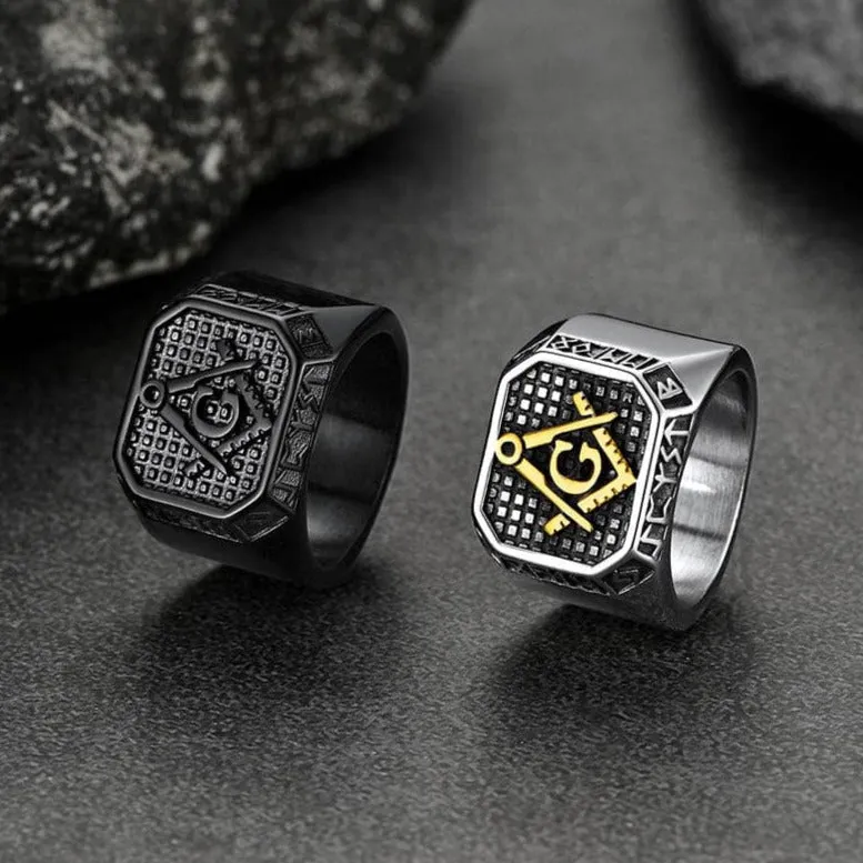 Square Masonic Signet Ring with Runes for Men