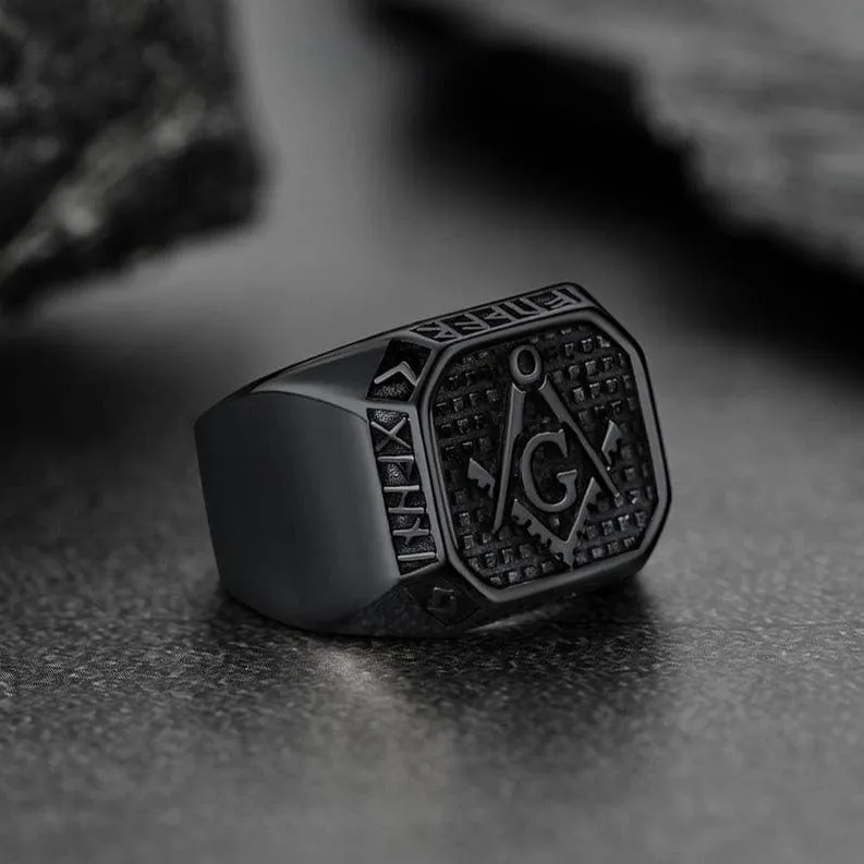 Square Masonic Signet Ring with Runes for Men