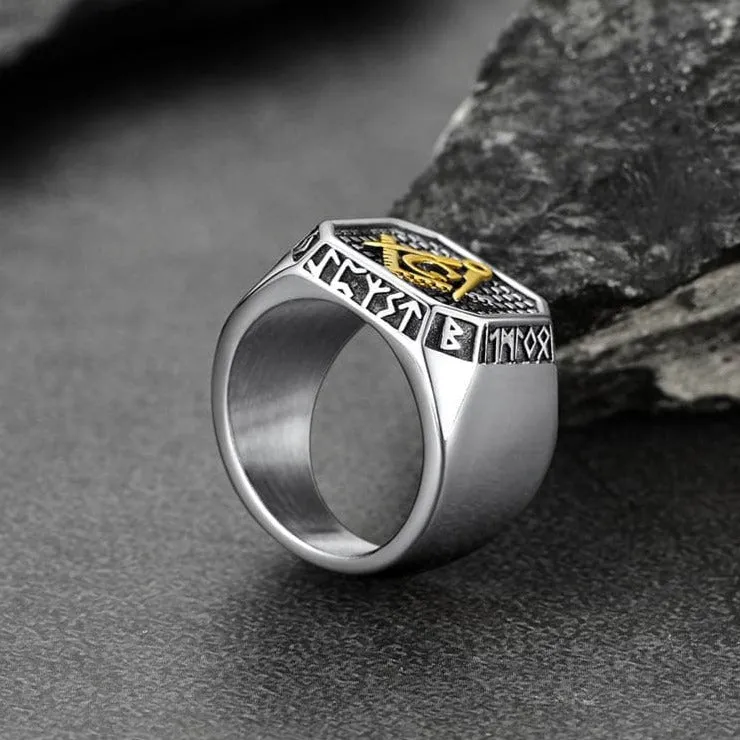 Square Masonic Signet Ring with Runes for Men