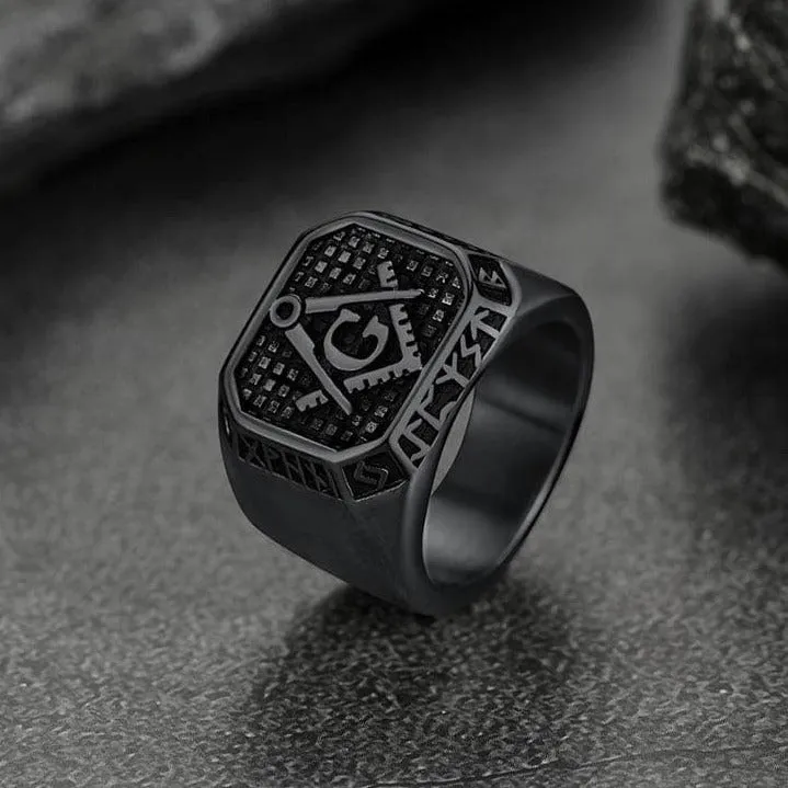 Square Masonic Signet Ring with Runes for Men