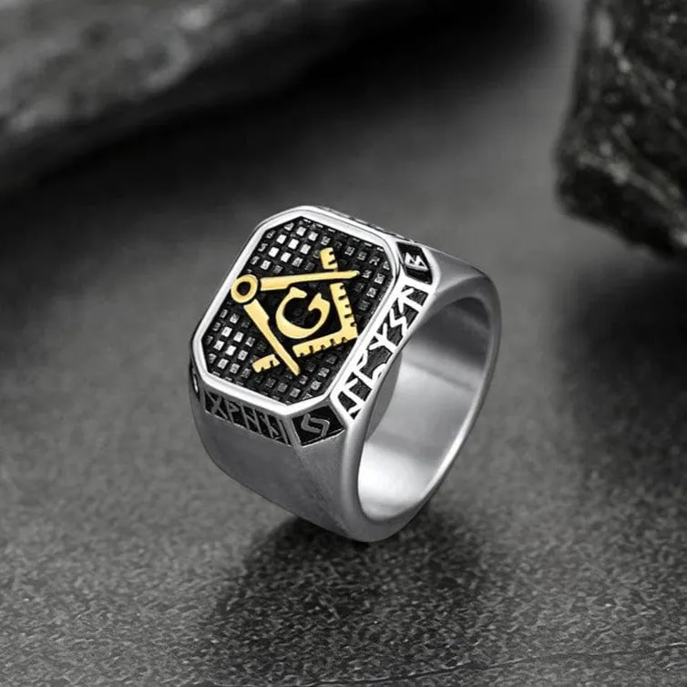 Square Masonic Signet Ring with Runes for Men