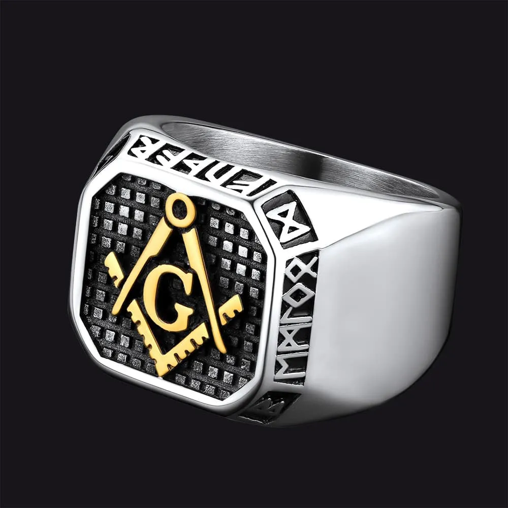 Square Masonic Signet Ring with Runes for Men