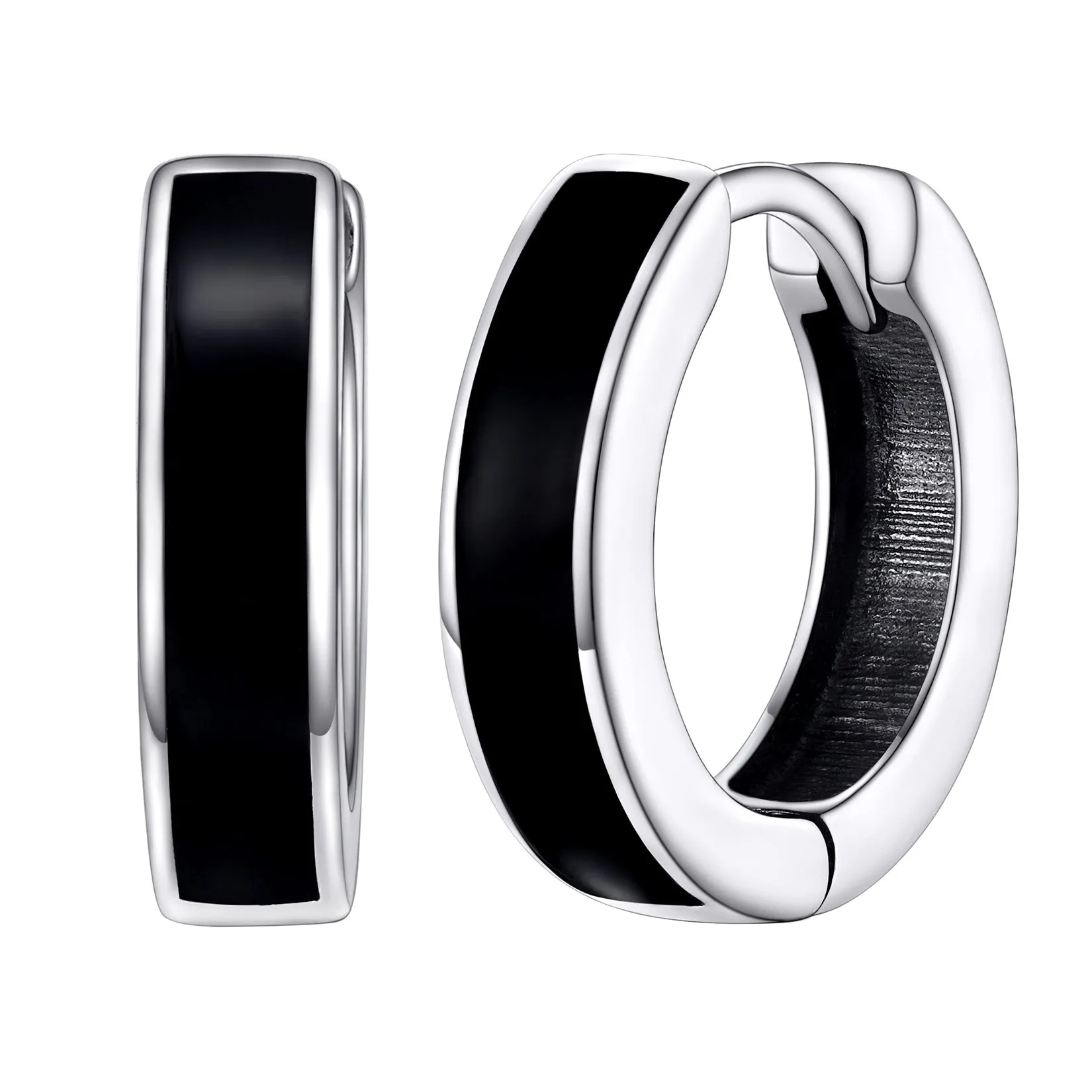 Sterling Silver Black Huggie Hoop Earrings For Men Women 10MM