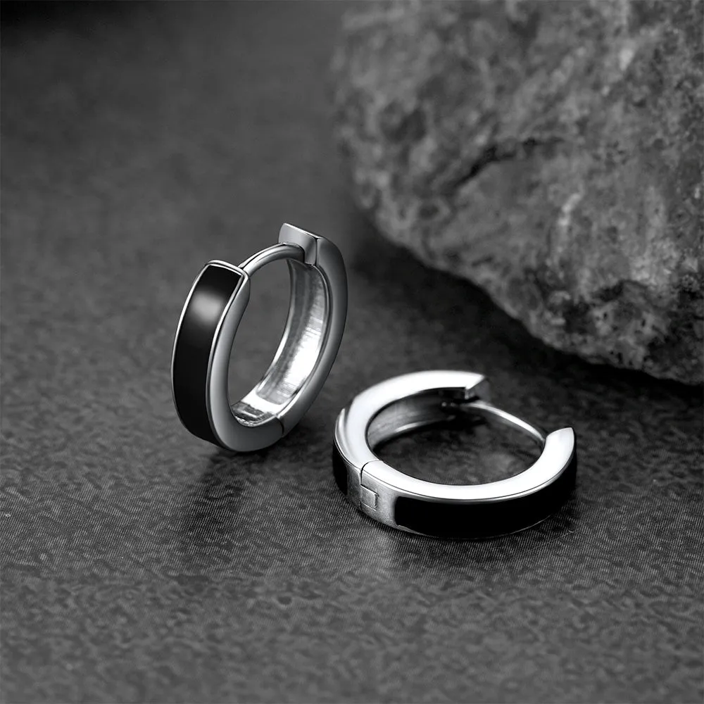 Sterling Silver Black Huggie Hoop Earrings For Men Women 10MM