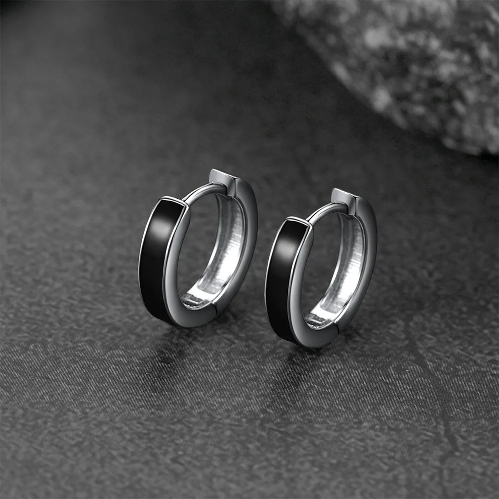 Sterling Silver Black Huggie Hoop Earrings For Men Women 10MM