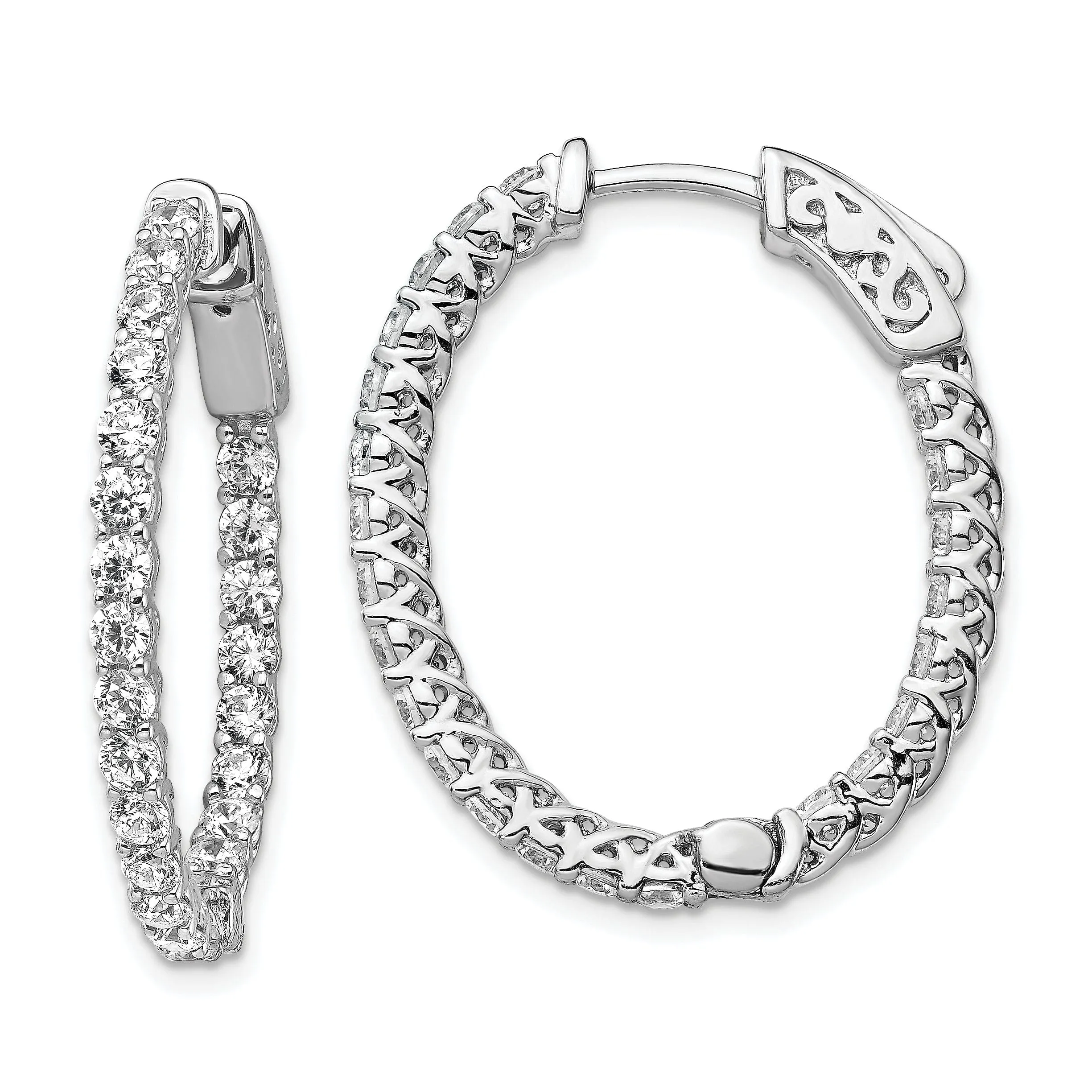 Sterling Silver CZ 46 Stones Oval Hoop Earrings