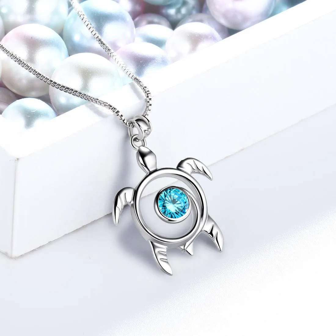 Turtle Birthstone March Aquamarine Necklace Pendant Women Girls Jewelry Birthday Gift