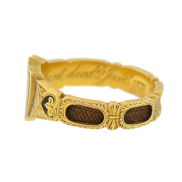 Victorian English 18kt Enamel & Woven Hair Mourning Ring