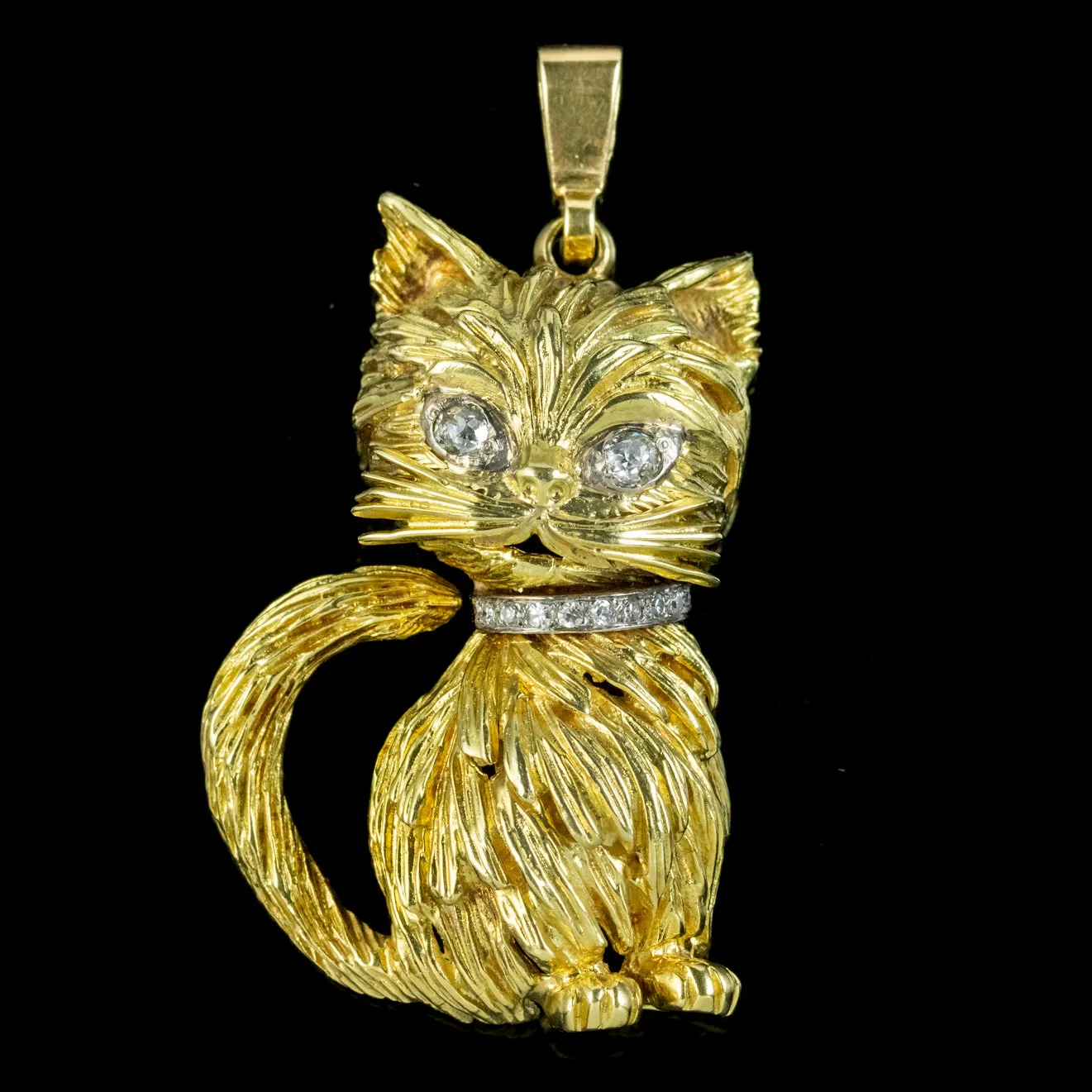 Vintage Cat Pendant 18ct Gold Diamond Eyes And Collar