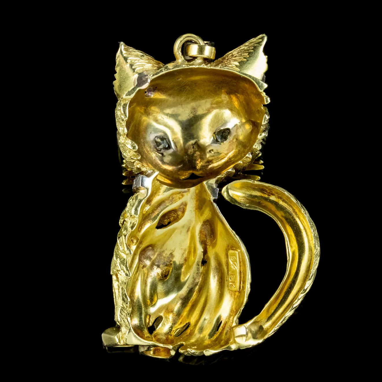 Vintage Cat Pendant 18ct Gold Diamond Eyes And Collar