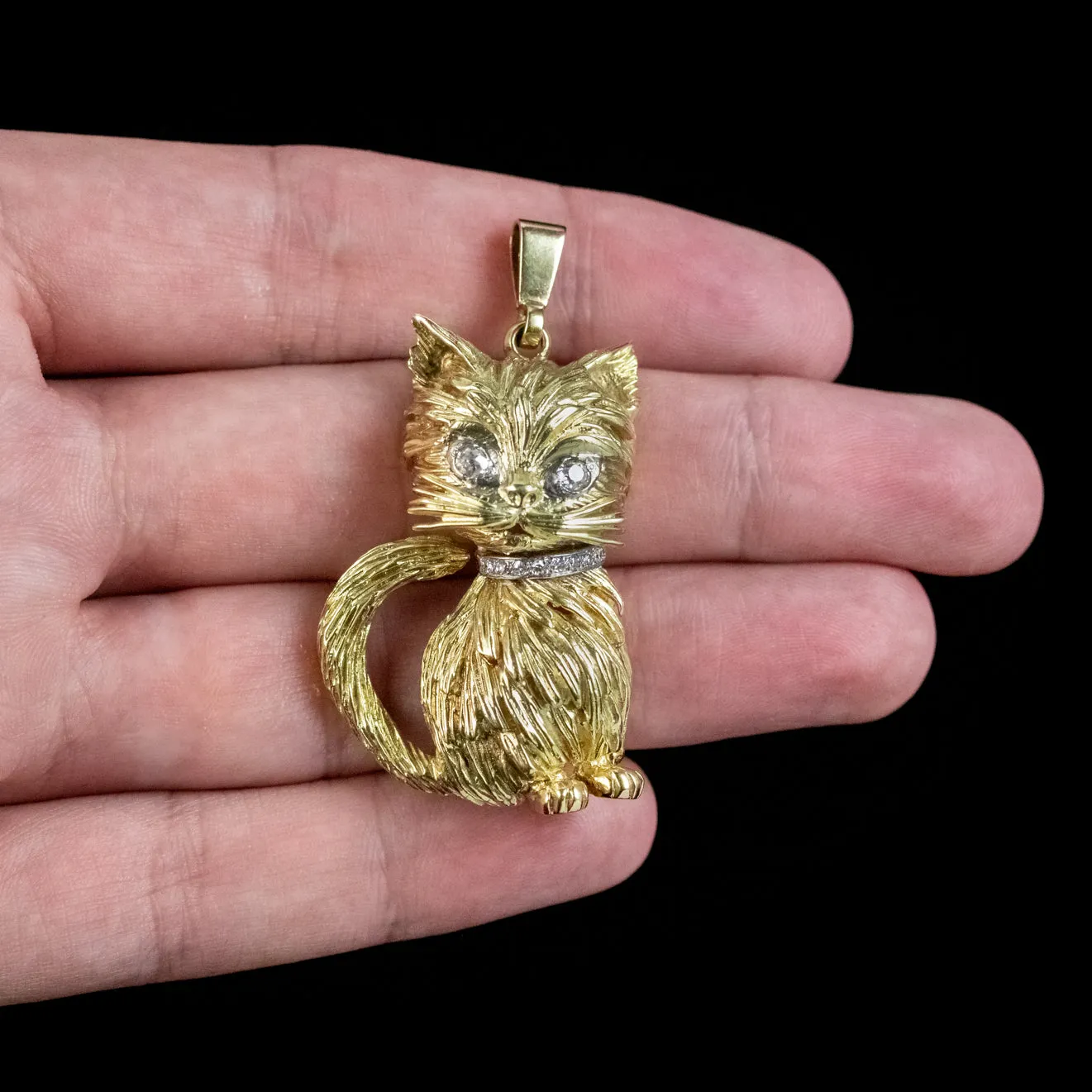 Vintage Cat Pendant 18ct Gold Diamond Eyes And Collar