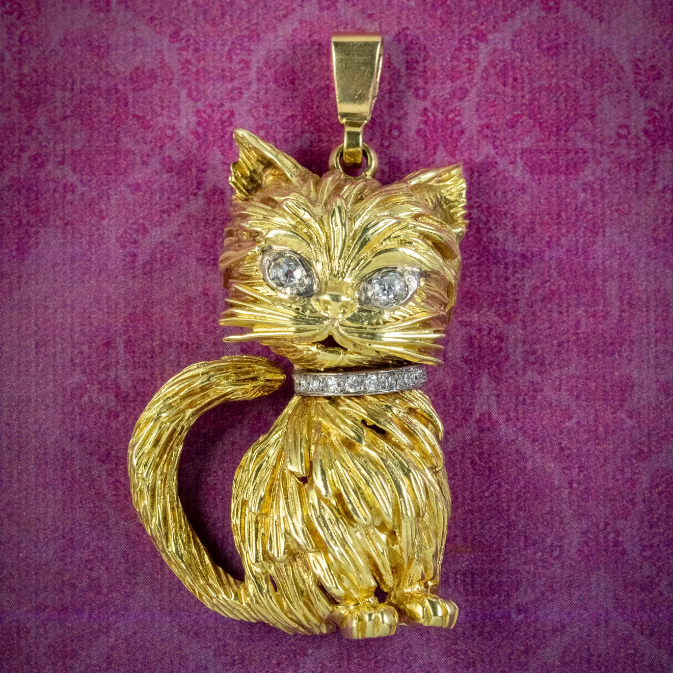 Vintage Cat Pendant 18ct Gold Diamond Eyes And Collar