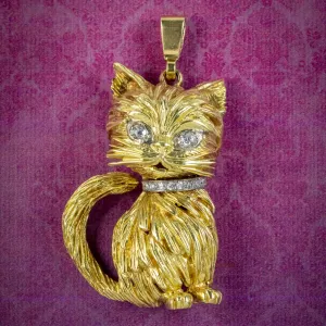 Vintage Cat Pendant 18ct Gold Diamond Eyes And Collar