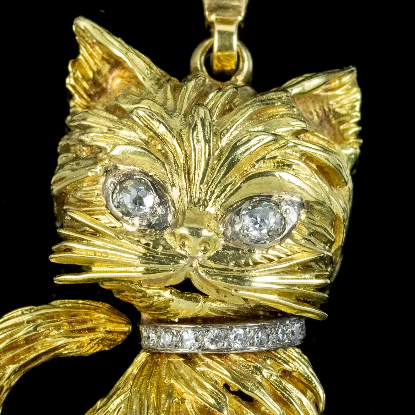 Vintage Cat Pendant 18ct Gold Diamond Eyes And Collar