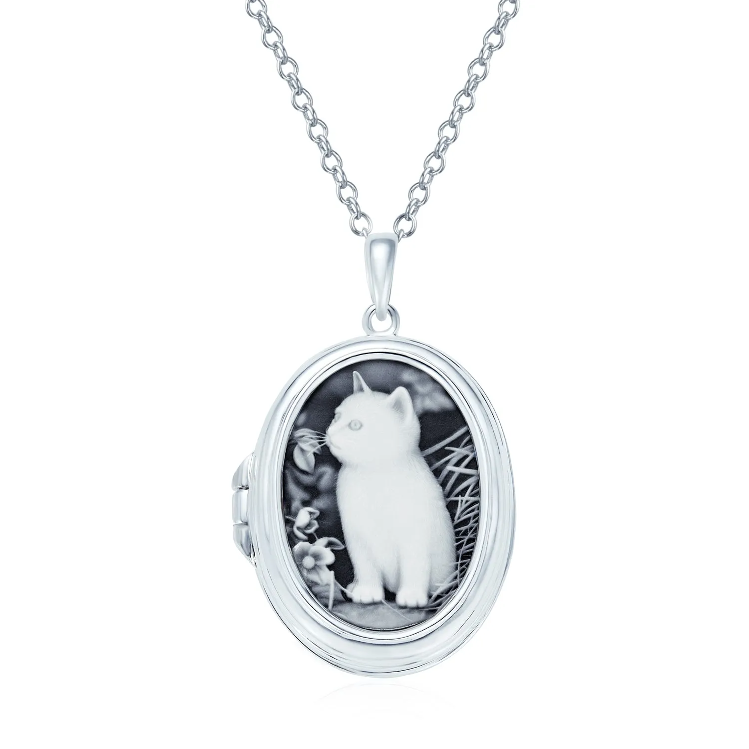 Vintage Style Cat Cameo Locket Necklace with Black Onyx Sterling Silver