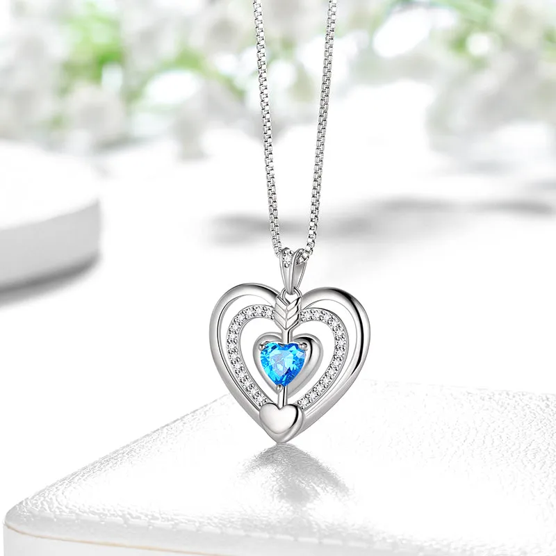 Women Blue Heart Necklace March Birthstone Pendant Aquamarine Girls Jewelry Birthday Gifts 925 Sterling Silver