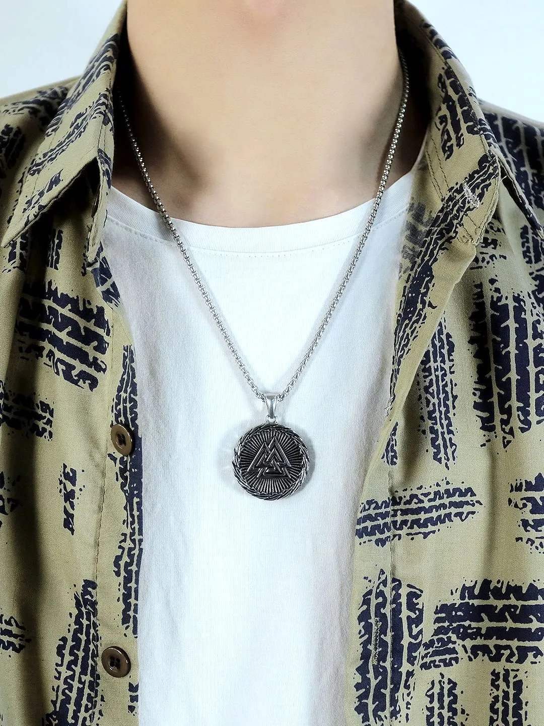 Yellow Chimes Chain Pendant for Men Silver Chain Men Pendant Stainless Steel Valknut Odin Symbol Locket Pendant for Men and Boys.