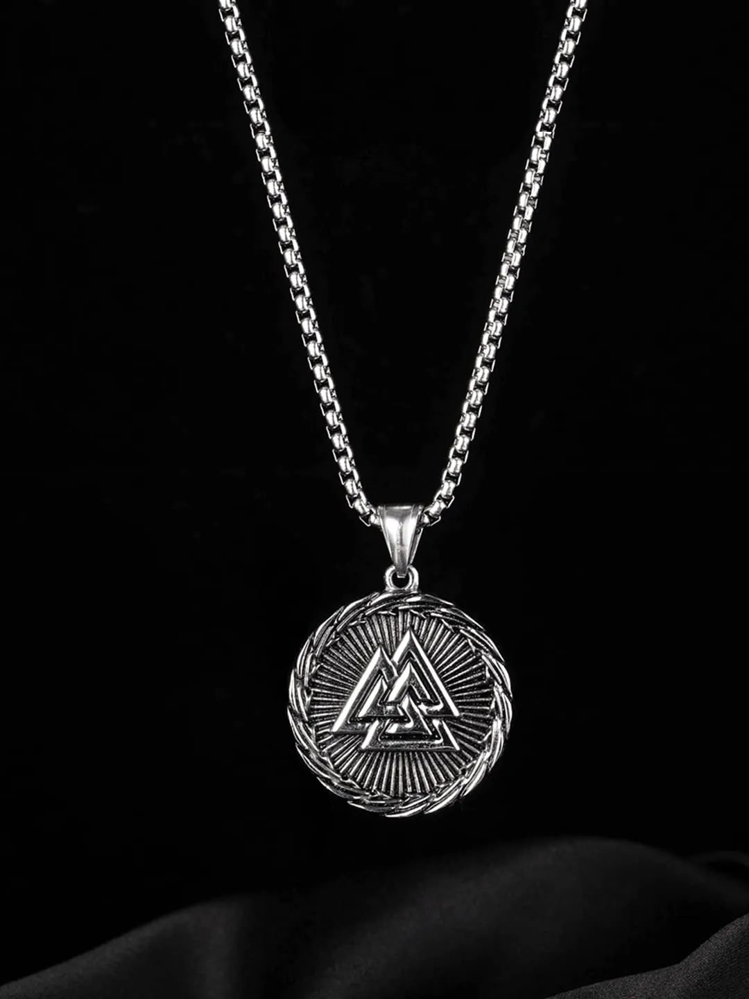 Yellow Chimes Chain Pendant for Men Silver Chain Men Pendant Stainless Steel Valknut Odin Symbol Locket Pendant for Men and Boys.